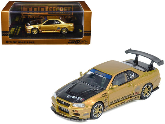 Nissan Skyline GT-R (R34) RHD (Right Hand Drive) "Top Secret" Gold Metallic with Carbon Hood and Trunk 1/64 Diecast Model Car by Inno Models Inno Models