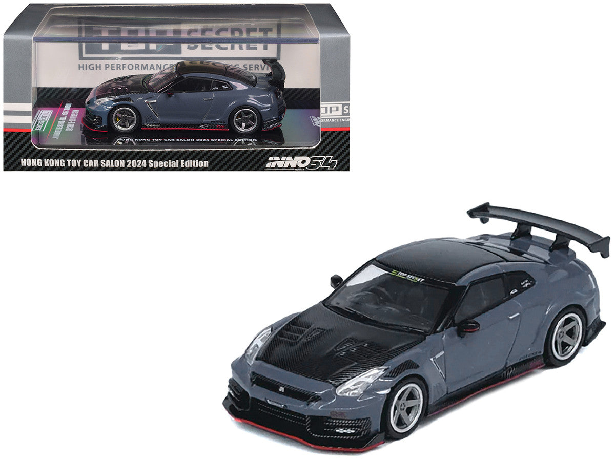 2024 Nissan GT-R (R35) Nismo "Top Secret" RHD (Right Hand Drive) Gray with Carbon Hood and Top "Hong Kong Toy Car Salon 2024 Special Edition" 1/64 Diecast Model Car by Inno Models Inno Models
