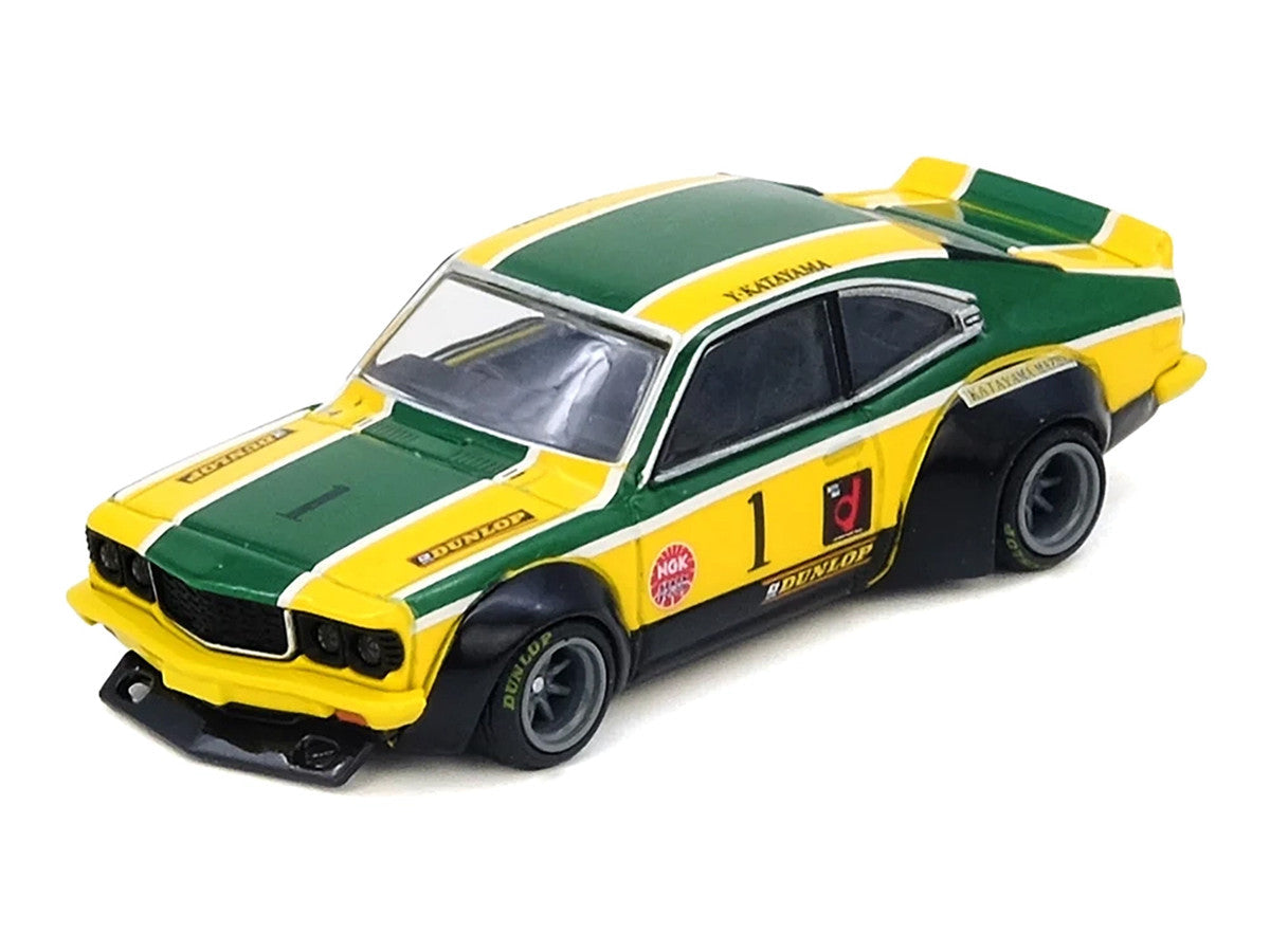 Mazda RX-3 Savanna RHD (Right Hand Drive) #1 "Katayama Racing Livery" Green and Yellow Striped 1/64 Diecast Model Car by Inno Models Inno Models
