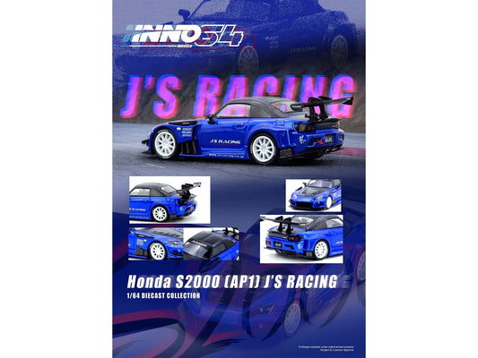 Honda S2000 RHD (Right Hand Drive) "J's Racing" Blue Metallic with Carbon Hood and Top 1/64 Diecast Model Car by Inno Models-1