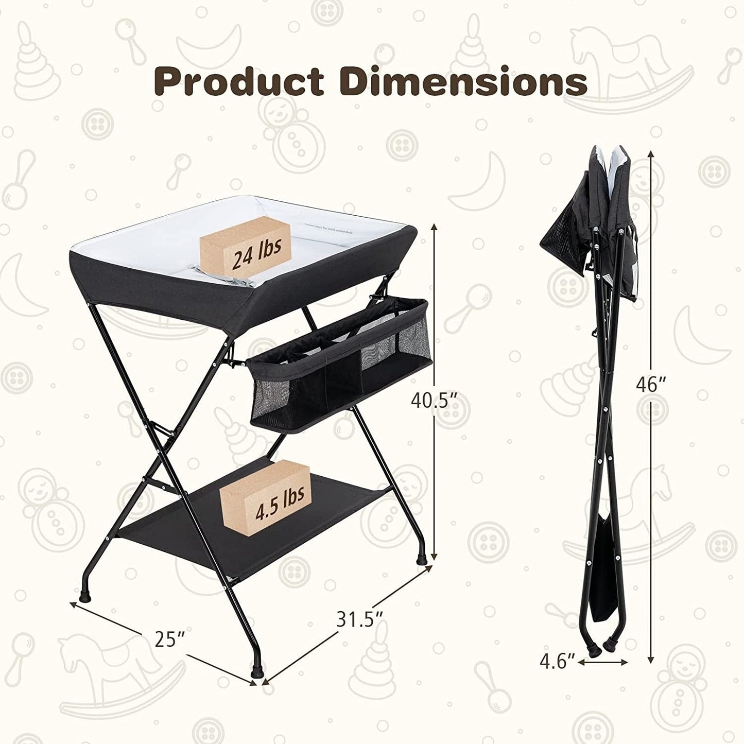Black Folding Wide Nursery Diaper Baby Changing Table FastFurnishings