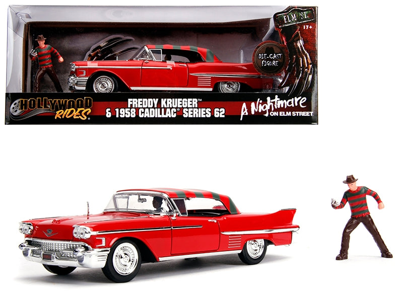1958 Cadillac Series 62 Red with Freddy Krueger Diecast Figurine "A Nightmare on Elm Street" Movie 1/24 Diecast Model Car by Jada W2B