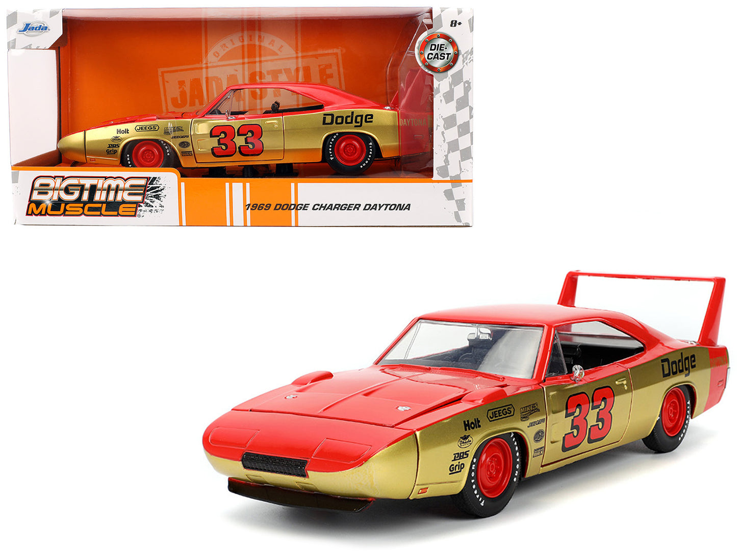 1969 Dodge Charger Daytona #33 Red and Gold Metallic with Graphics "Bigtime Muscle" Series 1/24 Diecast Model Car by Jada