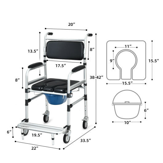 2-in-1 Aluminum Commode Shower Wheelchair with Locking Casters