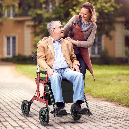 2-in-1 Foldable Rollator Walker with Seat abd 9 Inch Pneumatic Tires for Seniors-Red W2B