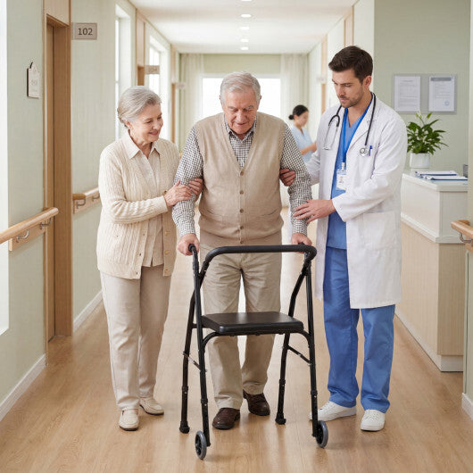 Lightweight Aluminum Mobility Walker for Seniors with 2 Wheels 5-Level Adjustable Height and Padded Seat-Black W2B