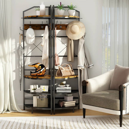 Industrial Metal/Wood Corner Hall Tree Shoe Storage Bench Coat Rack FastFurnishings