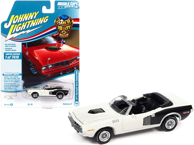 1971 Plymouth Barracuda Convertible Sno White with Black Hemi Side Billboards "Class of 1971" Limited Edition to 7418 pieces Worldwide "Muscle Cars USA" Series 1/64 Diecast Model Car by Johnny Lightning Johnny Lightning