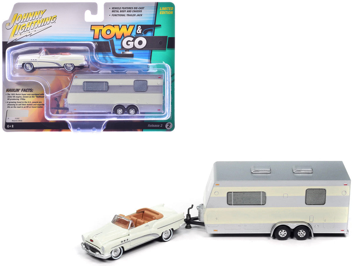 1953 Buick Super Cream with Travel Trailer Limited Edition "Tow & Go" Series 1/64 Diecast Model Car by Johnny Lightning Johnny Lightning