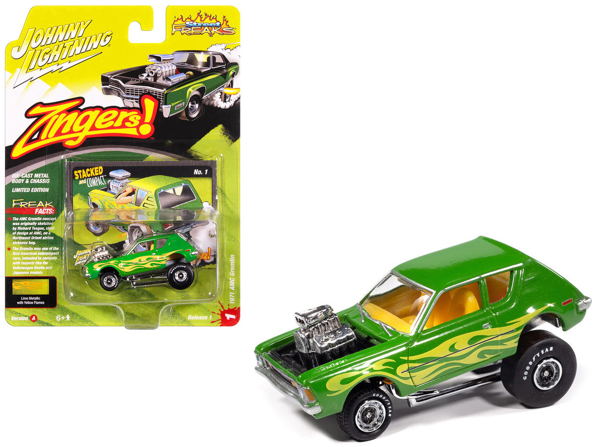 1971 AMC Gremlin Lime Green Metallic with Yellow Flames and Interior "Zingers!" Series 1/64 Diecast Model Car by Johnny Lightning Johnny Lightning
