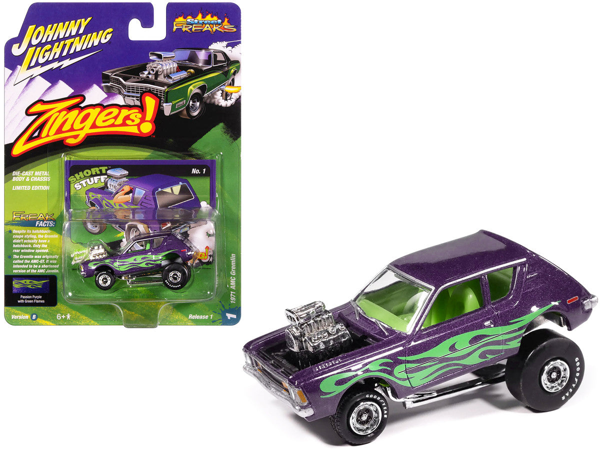 1971 AMC Gremlin Passion Purple Metallic with Green Flames and Interior "Zingers!" Series 1/64 Diecast Model Car by Johnny Lightning Johnny Lightning