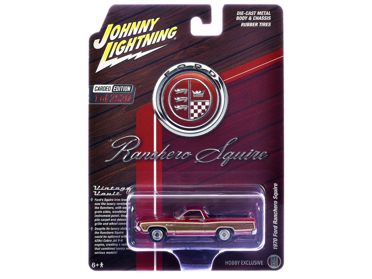1970 Ford Ranchero Squire Red with Woodgrain Sides "Hobby Exclusive" Series Limited Edition to 2520 pieces Worldwide 1/64 Diecast Model Car by Johnny Lightning Johnny Lightning