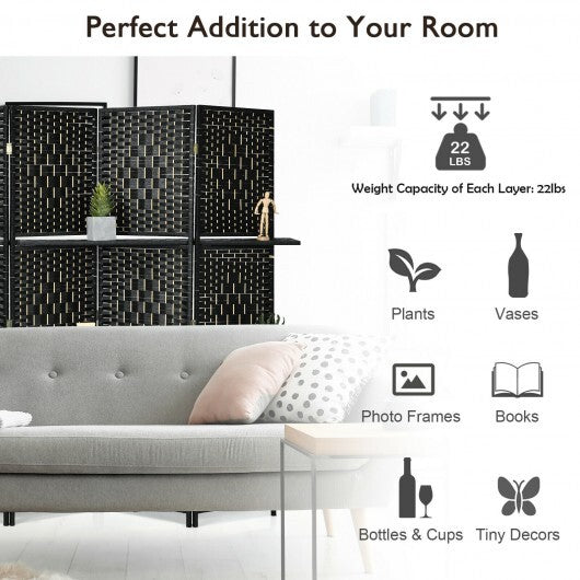 6 Panel Folding Weave Fiber Room Divider with 2 Display Shelves -Brown W2B