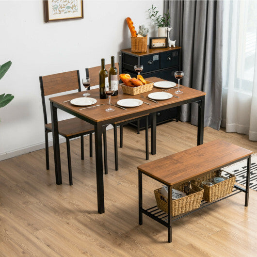 4 Pieces Rustic Dining Table Set with 2 Chairs and Bench-Brown W2B
