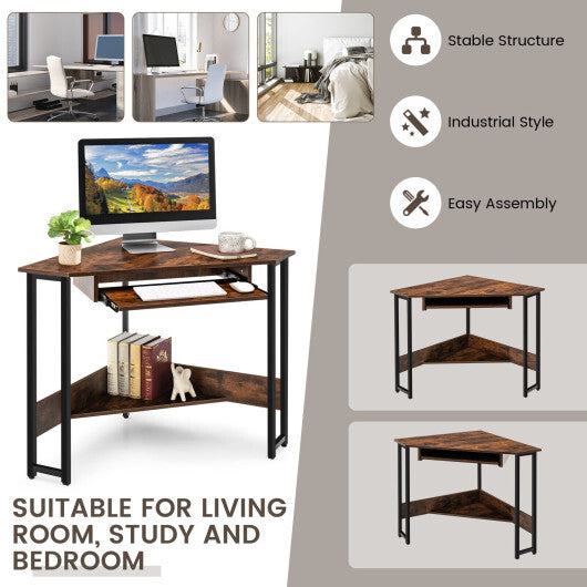 Triangle Corner Desk with Charging Station Keyboard Tray and Storage Shelf-Rustic Brown W2B