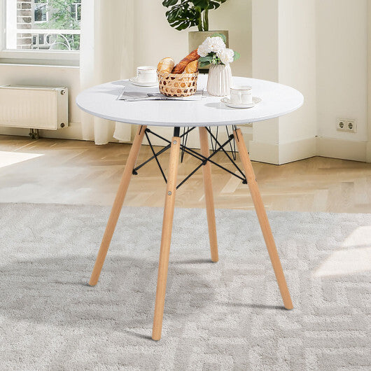 Round Modern Dining Table with Solid Wooden Leg-White - Color: White W2B