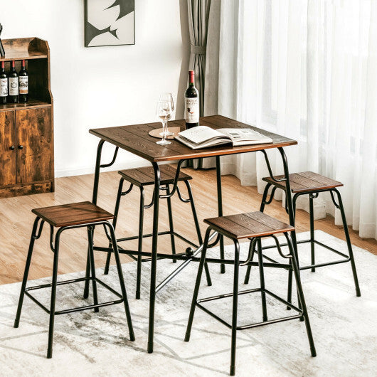 5 Pieces Bar Table Set with 4 Counter Height Backless Stools-Rustic Brown W2B