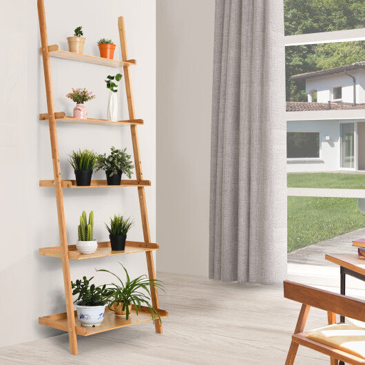 5-Tier Ladder Shelf Bamboo Bookshelf Wall-Leaning Storage Display Plant Stand-Natural W2B