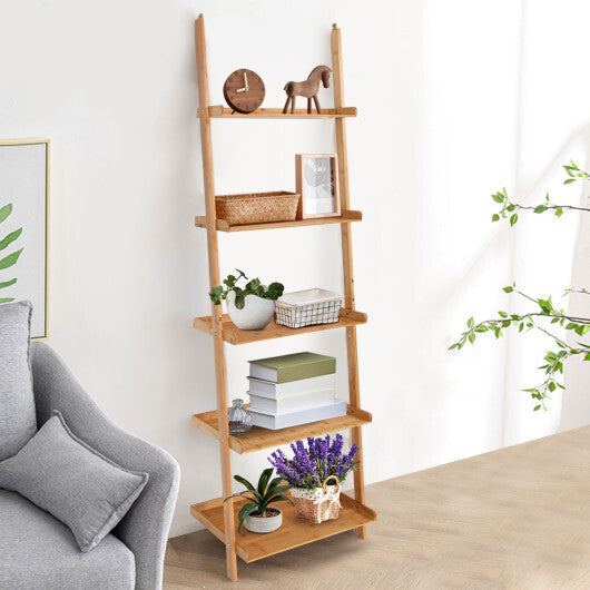 5-Tier Ladder Shelf Bamboo Bookshelf Wall-Leaning Storage Display Plant Stand-Natural W2B