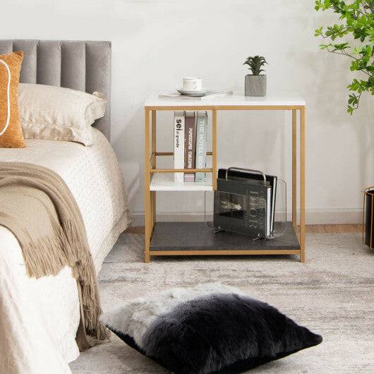3-Tier Multi-function Marble End Table with Storage Shelf-Golden W2B