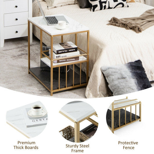 3-Tier Multi-function Marble End Table with Storage Shelf-Golden W2B