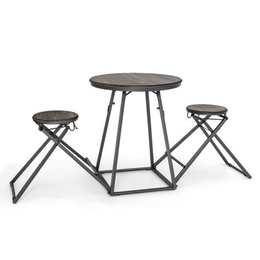 3 Pieces Dining Table Set with 2 Foldable Stools for Small Space-Gray W2B