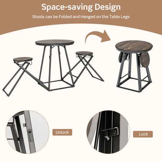 3 Pieces Dining Table Set with 2 Foldable Stools for Small Space-Gray W2B