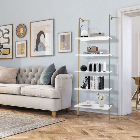 5 Tier Ladder Shelf Wall-Mounted Bookcase with Steel Frame-Golden