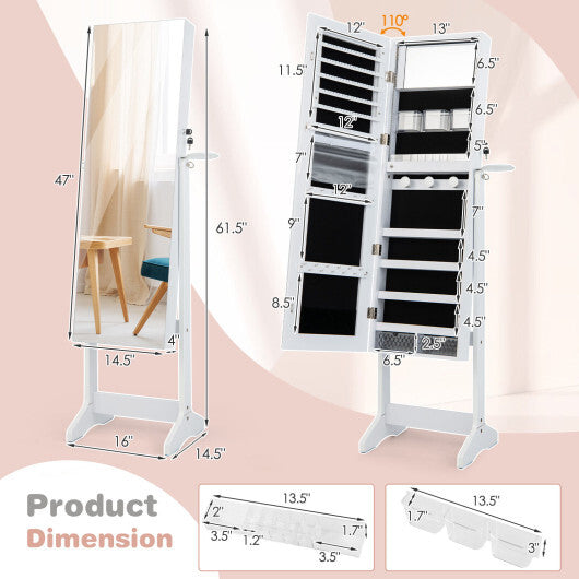 Freestanding Jewelry Cabinet with Full Length HD Mirror-White W2B