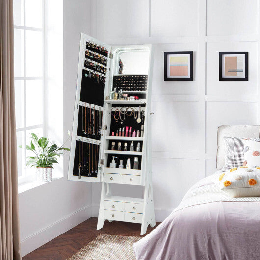 Freestanding Full Length LED Mirrored Jewelry Armoire with 6 Drawers-White W2B
