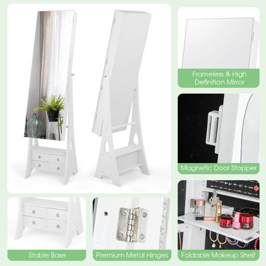 Freestanding Full Length LED Mirrored Jewelry Armoire with 6 Drawers-White W2B