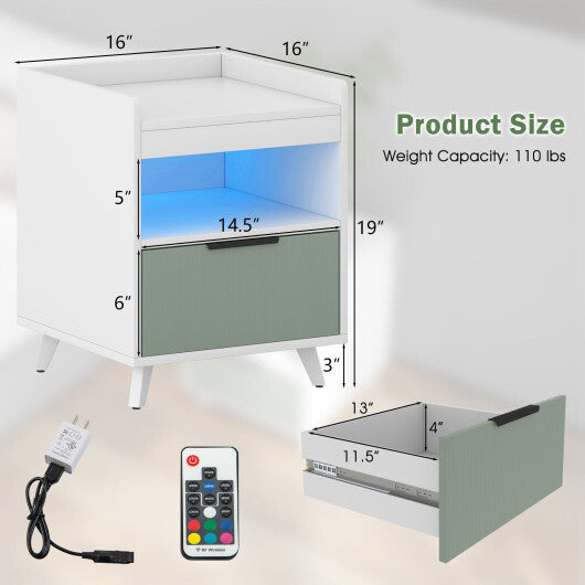Modern Nightstand with LED Lights Sliding Drawer and Open Compartment-White W2B