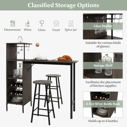 3 Piece Bar Table and Chairs Set with 6-Bottle Wine Rack-Rustic Brown W2B