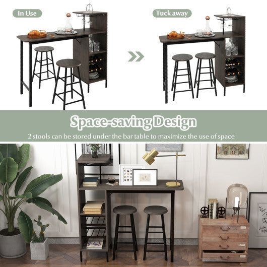 3 Piece Bar Table and Chairs Set with 6-Bottle Wine Rack-Rustic Brown W2B