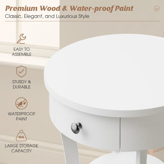 2-Tier Wood Round End Table with Open Drawer-White W2B