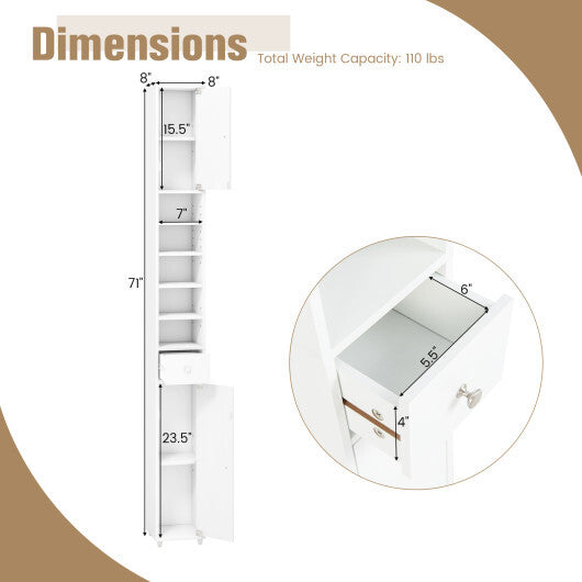 Freestanding Slim Bathroom Cabinet with Drawer and Adjustable Shelves-White W2B