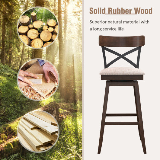 Set of 2 Wooden Swivel Bar Stools with Cushioned Seat and Open X Back-25 Inch