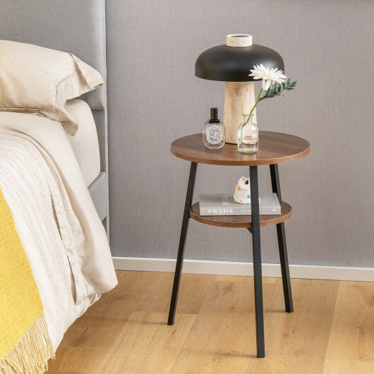 2-Tier Round End Table Set of 2 with Open Shelf and Triangular Metal Frame-Walnut W2B