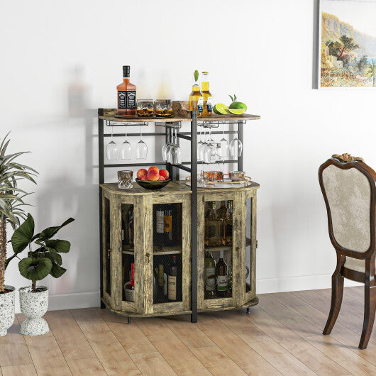 Industrial Corner Bar Cabinet with Glass Holder and Adjustable Shelf-Rustic Brown