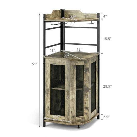Industrial Corner Bar Cabinet with Glass Holder and Adjustable Shelf-Taupe W2B