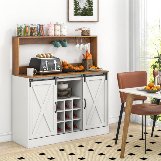 Farmhouse Coffee Bar Cabinet with Charging Station and Sliding Barn Doors-White