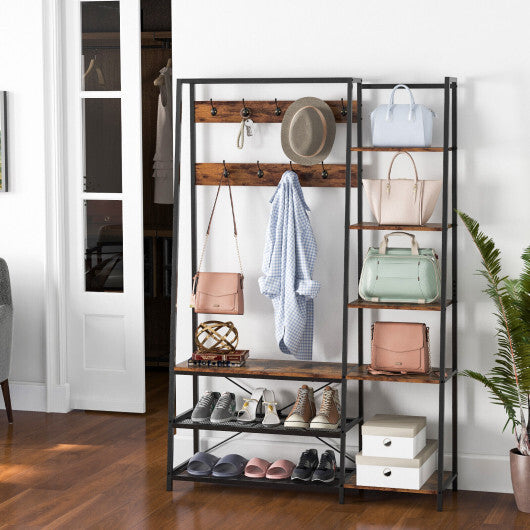 5-in-1 Entryway Hall Tree with Storage Bench with 9 Hooks-Rustic Brown W2B