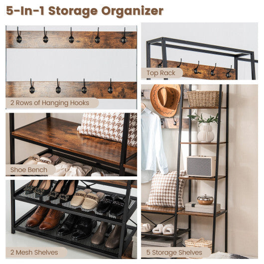 5-in-1 Entryway Hall Tree with Storage Bench with 9 Hooks-Rustic Brown W2B