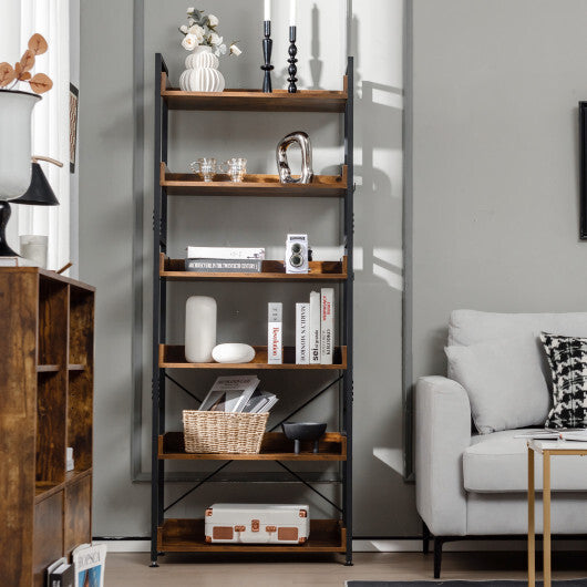 6-Tier Tall Industrial Bookcase with Open Shelves and 4 Hooks-Brown W2B