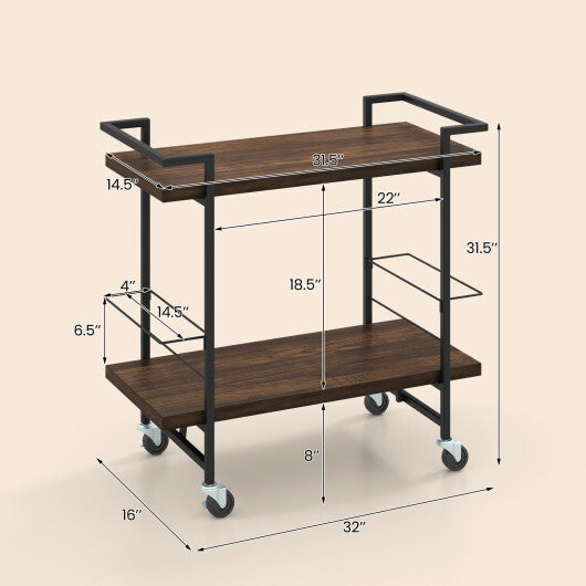 2-Tier Home Bar Cart with Lockable Wheels and Heavy-Duty Metal Frame-Rustic Brown W2B