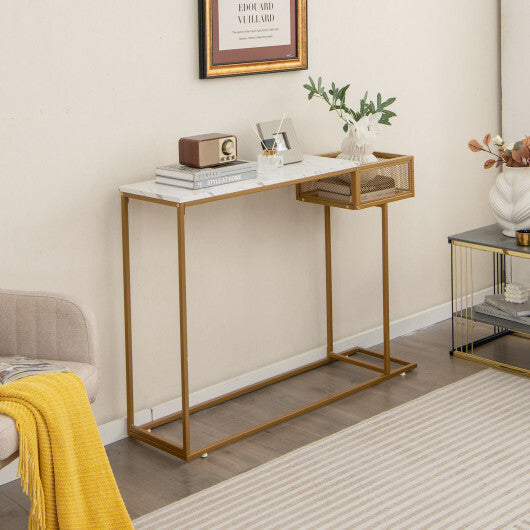 Rectangular White Faux Marble Console Table with Storage-Gold