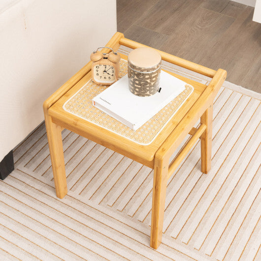 Bamboo Vanity Stool with Rattan Top and Reinforcement Bar-Natural W2B