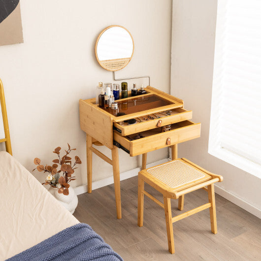 Bamboo Vanity Stool with Rattan Top and Reinforcement Bar-Natural W2B