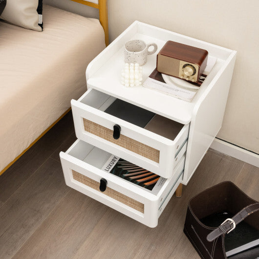 Modern End Table Bedside Table with 2 Rattan Decorated Drawers-White W2B