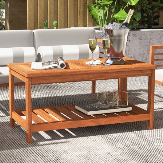 2-Tier Patio Coffee Table with Slatted Tabletop and Shelf W2B